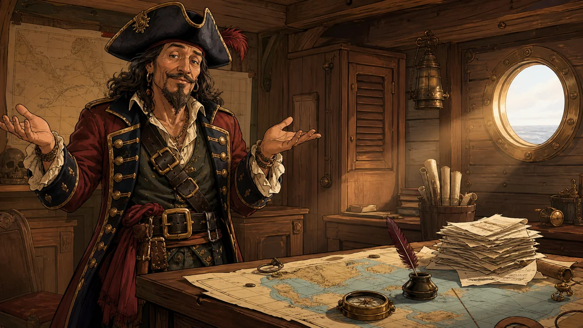 A wry original pirate captain shrugging beside maps, papers, and a planning table in a wooden ship cabin.