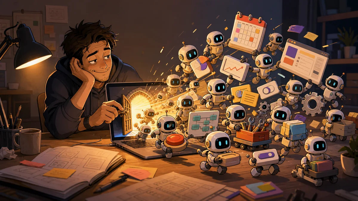 A tired product builder opening a glowing laptop gate while many tiny robot assistants rush out carrying buttons, dashboards, charts, calendars, and tools.